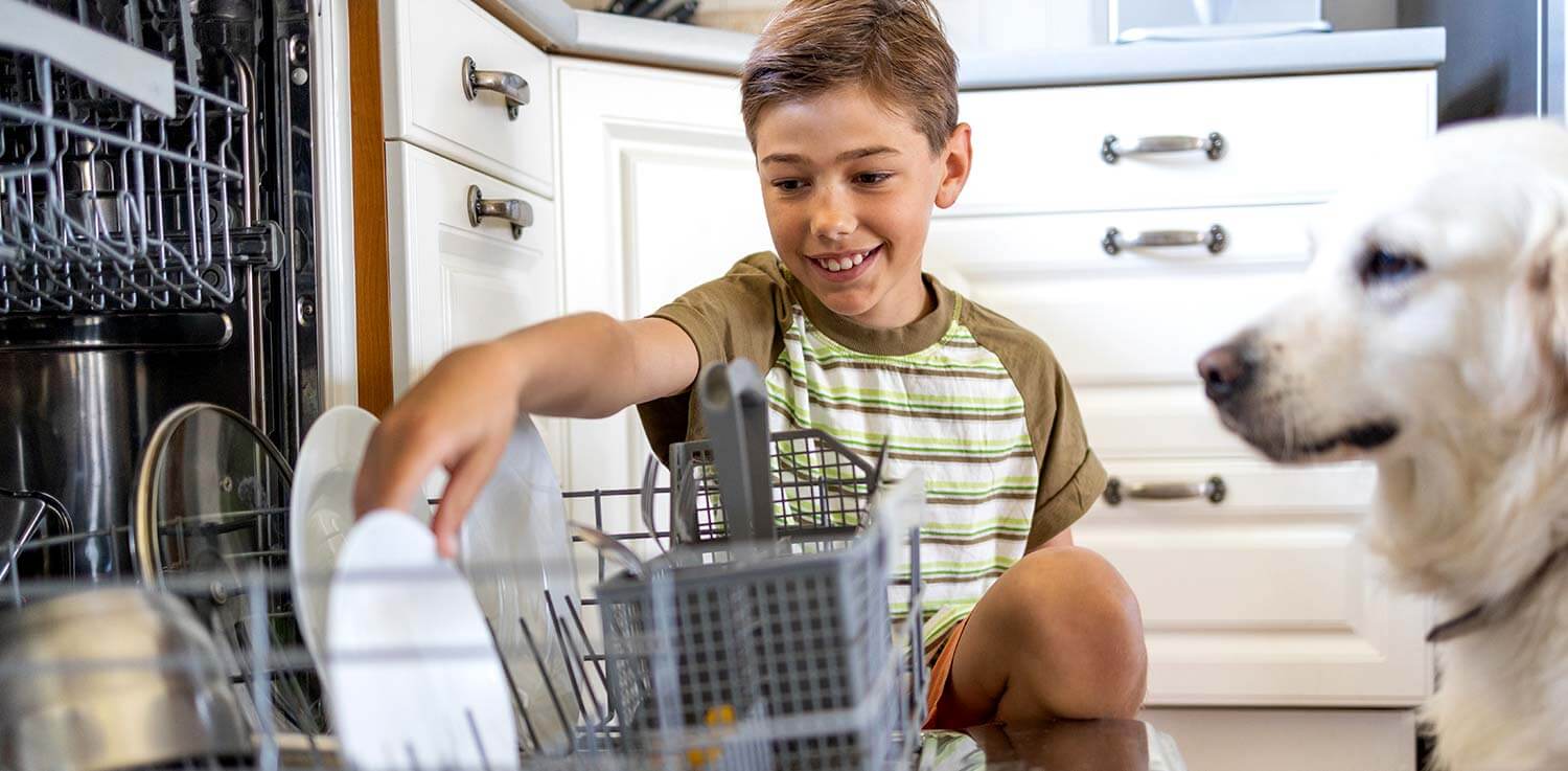 Boy loads dishwasher.